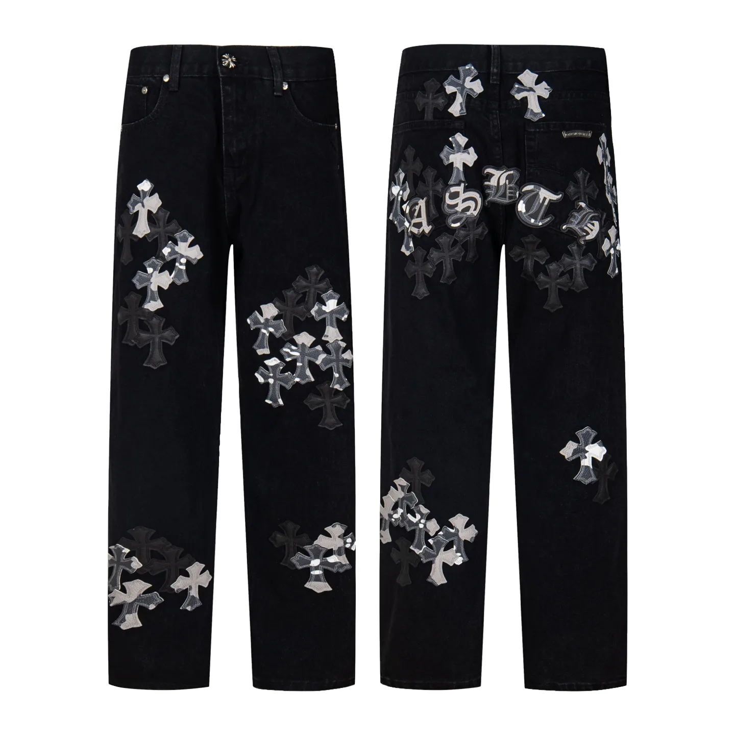 P260 Chrome Hearts Chrome Hearts Black Multi-leather Elements Full of Details Washed Jeans Authentically Restore the Ultimate Vintage Texture Three-Dimensional Fit Loose and Comfortable, Not Slimming Appearing Tall and Slim Made by a Manufacturer Original Quality Control Same Style for Men and Women Can Be Matched for Couples Versatile Recommendations Must-Have Jeans for All Seasons Fashionistas Have Been Disappointed From the Quality Selection of Fabrics, Cutting of Details, and Matching of Patterns, Everything Is Impeccable! The upper body is so handsome when worn...it can be easily worn by men, women and children! The craftsmanship is made of heavy-duty washed pure cotton denim fabric. After washing, it is soft and thick. It is very stylish when worn on the body. Style number: 1775# Color: black Size: 28 30 32 34 36